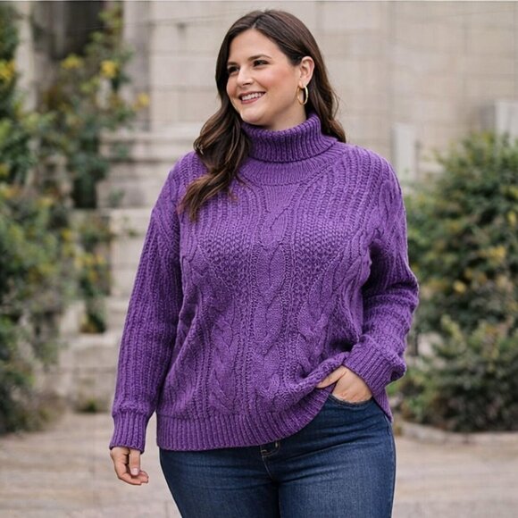 Sweaters - Plus Size Textured Cable Knit Ribbed Hem Turtleneck Sweater 4XL (Fits Smaller)